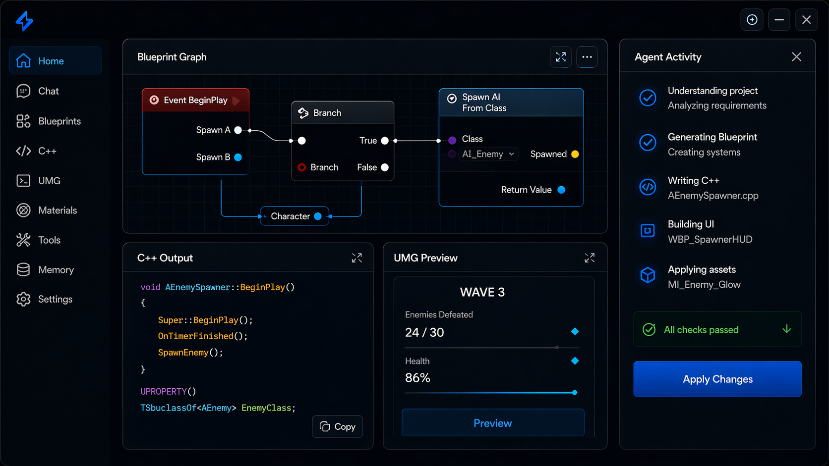 SaberAI product console showing Unreal Engine project work